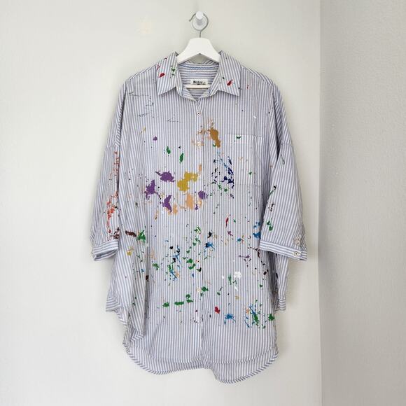 Anthropologie Holding Horses Oversized Paint Splatter Striped Button Down Shirt - Picture 1 of 8